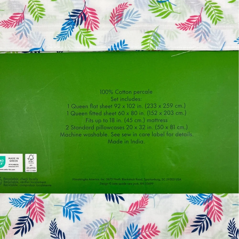 Kate Spade - ‘Tropical Leaf’ Queen Sheet Set. NWT. Firm!